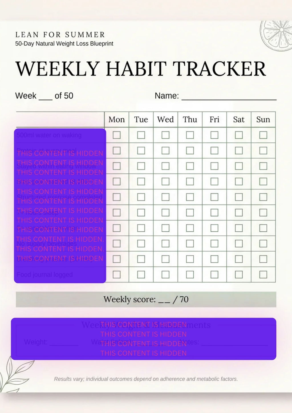 Add the Weekly Habit Tracker — the #1 predictor of finishing all 50 days. +$9.99